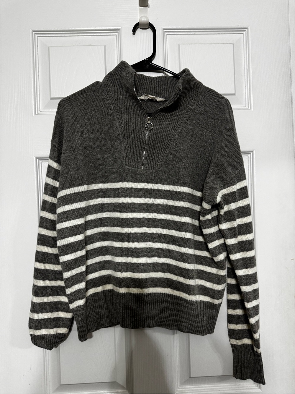 Gray & White Striped Half-Zip Sweater